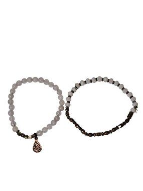 Retro White Bronze Beaded Bracelets Set Of 2 Classic Minimalist Jewelry Women